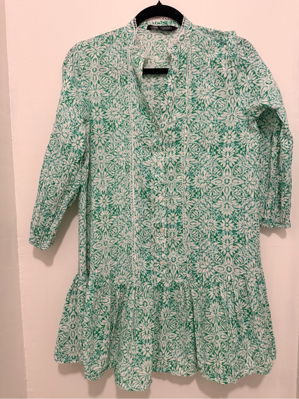 Zara S Green, Blue & White Printed 100% Cotton Mini Dress Long sleeve boho